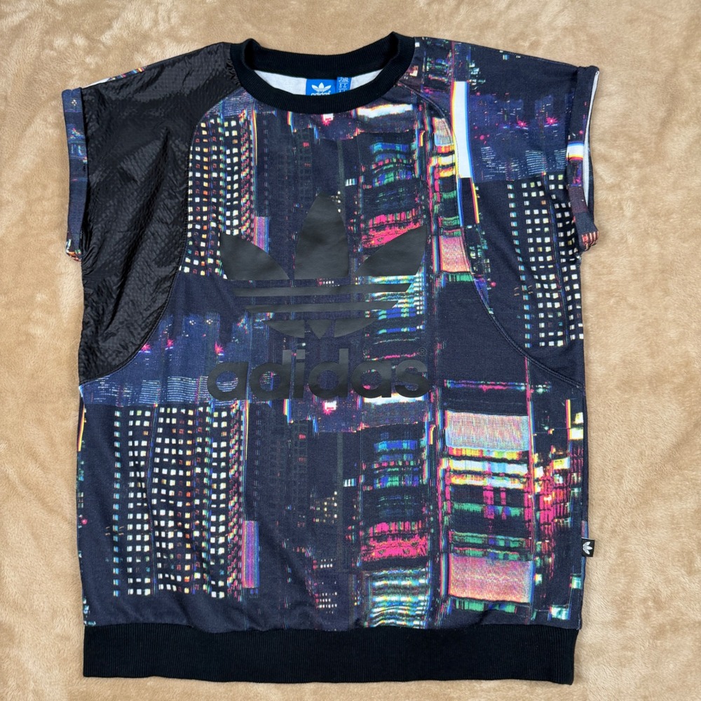 Adidas Originals City Lights Glitch Print Sleeveless Sweatshirt Trefoil XS - Picture 2 of 9